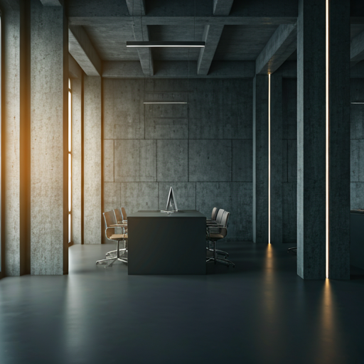 Minimalist corporate office interior with concrete walls, warm lighting, and structural columns